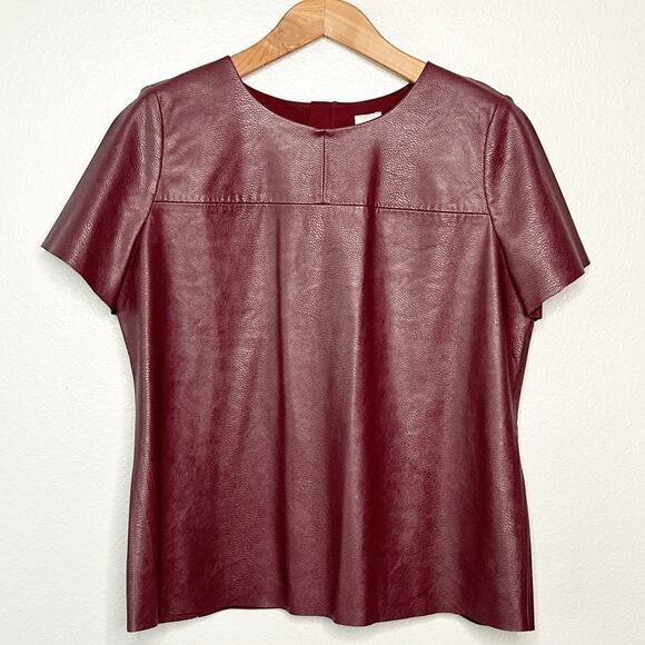 Chico's Size 2 Maroon Faux Leather Mixed Media Short Sleeve Top women’s large - Picture 1 of 12